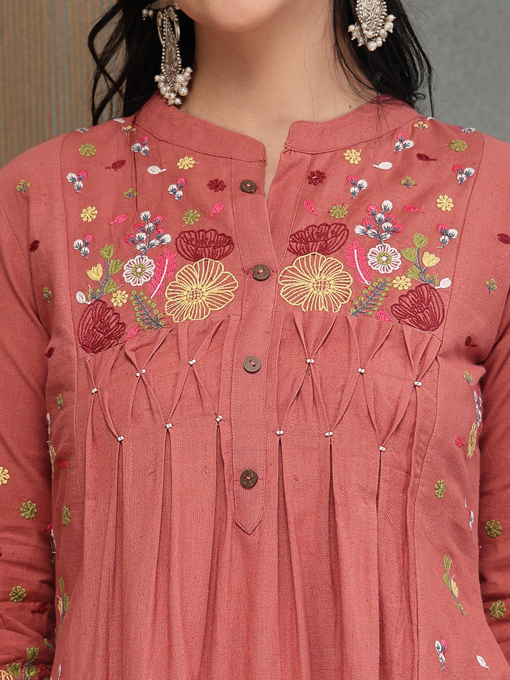 Solid &amp; Embroidered Cotton A-Line Kurta Pant Set