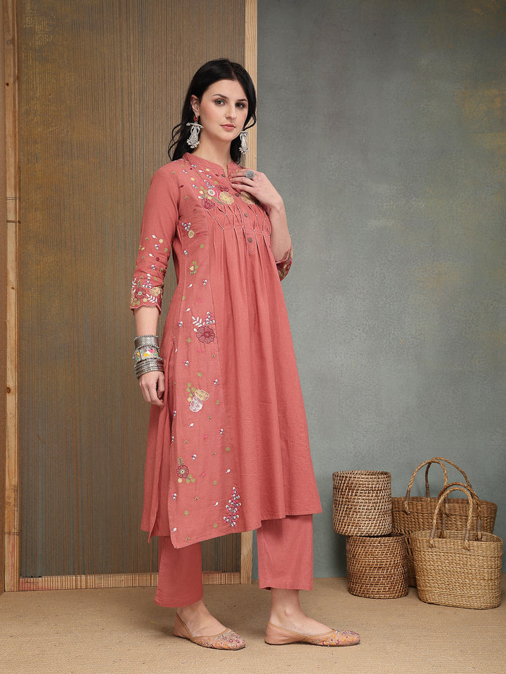 Solid &amp; Embroidered Cotton A-Line Kurta Pant Set