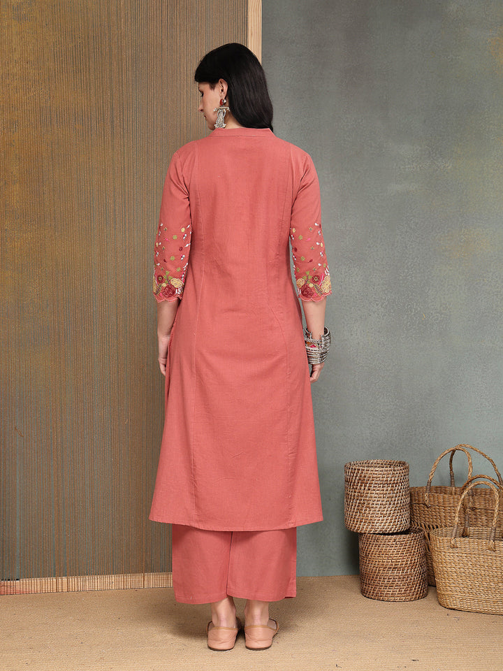 Solid &amp; Embroidered Cotton A-Line Kurta Pant Set