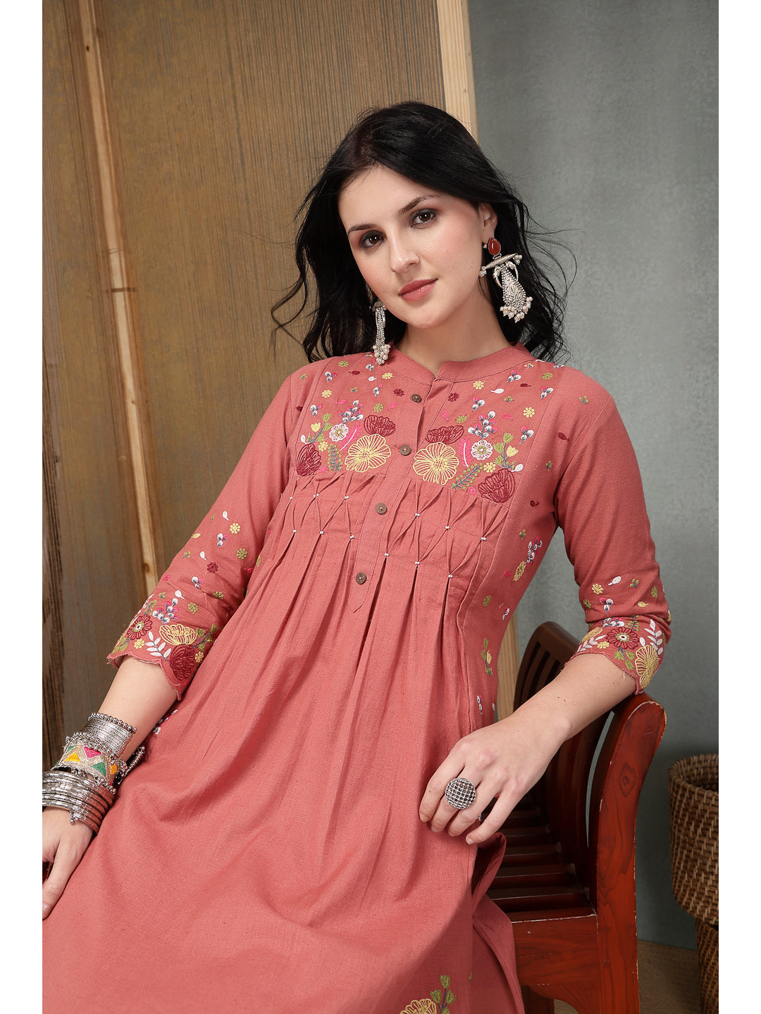 Solid &amp; Embroidered Cotton A-Line Kurta Pant Set