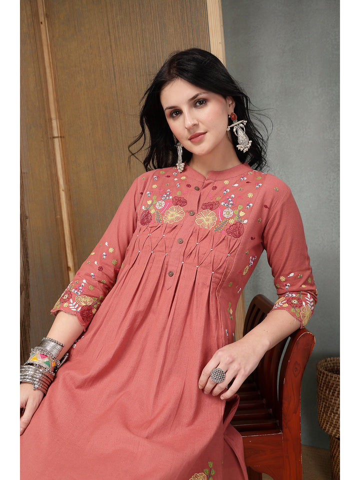 Solid &amp; Embroidered Cotton A-Line Kurta Pant Set