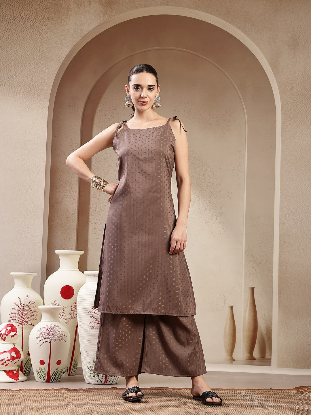 Brown Woven Design Rayon Straight Kurta Pant Set