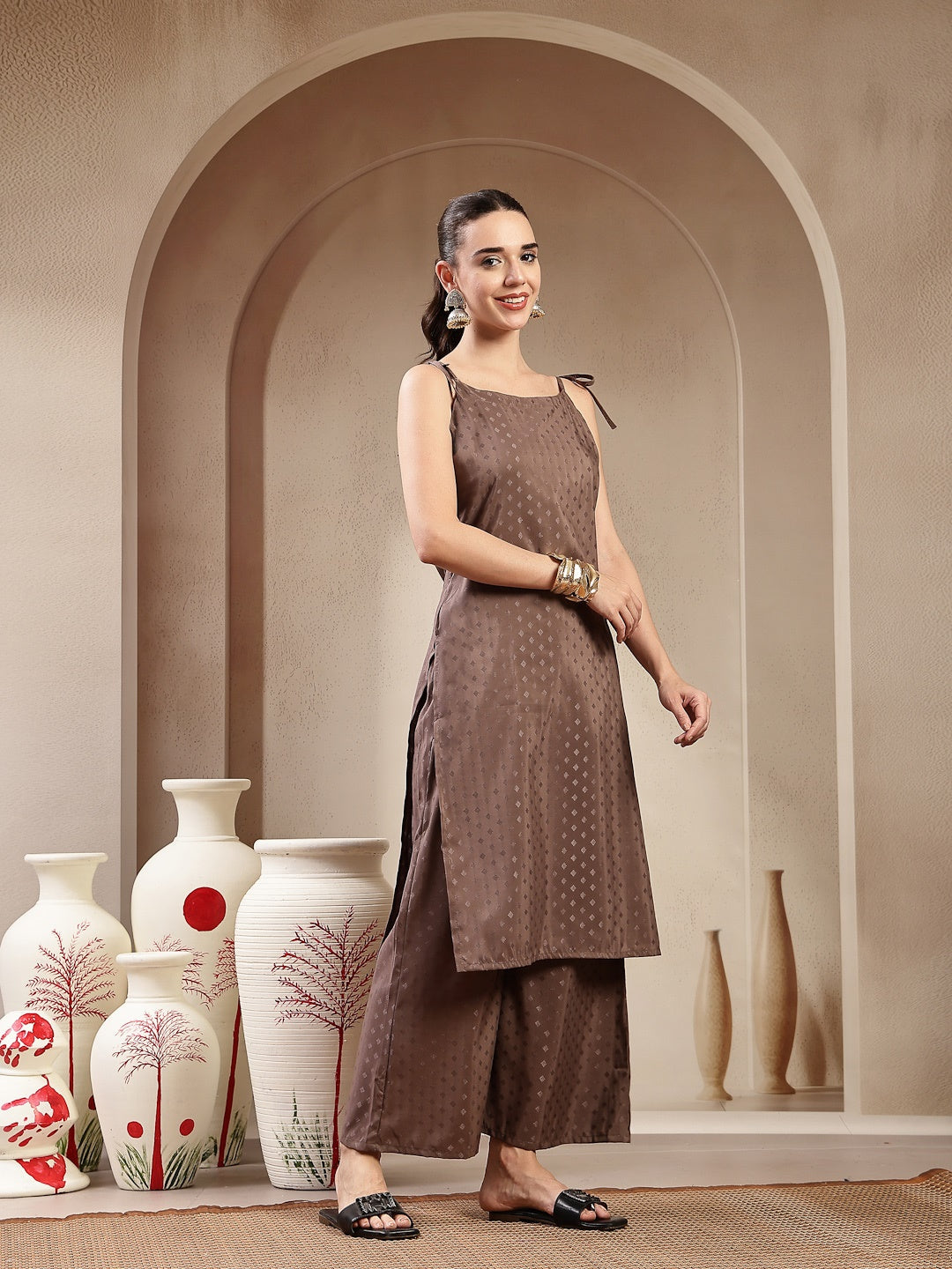 Brown Woven Design Rayon Straight Kurta Pant Set (Pre-Order)