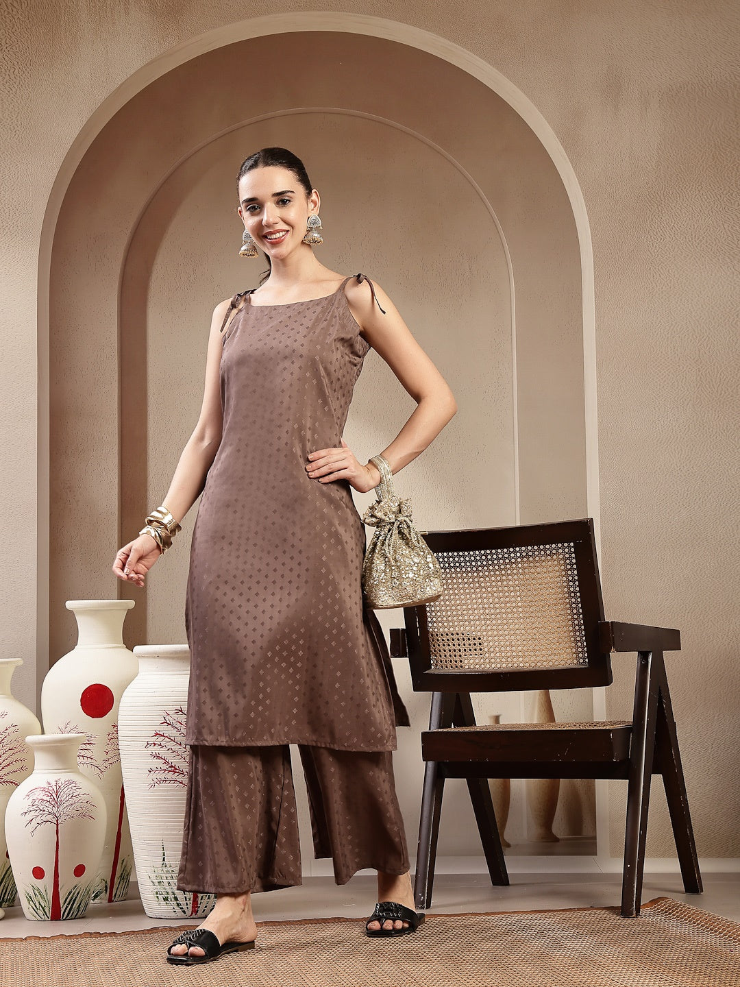 Brown Woven Design Rayon Straight Kurta Pant Set