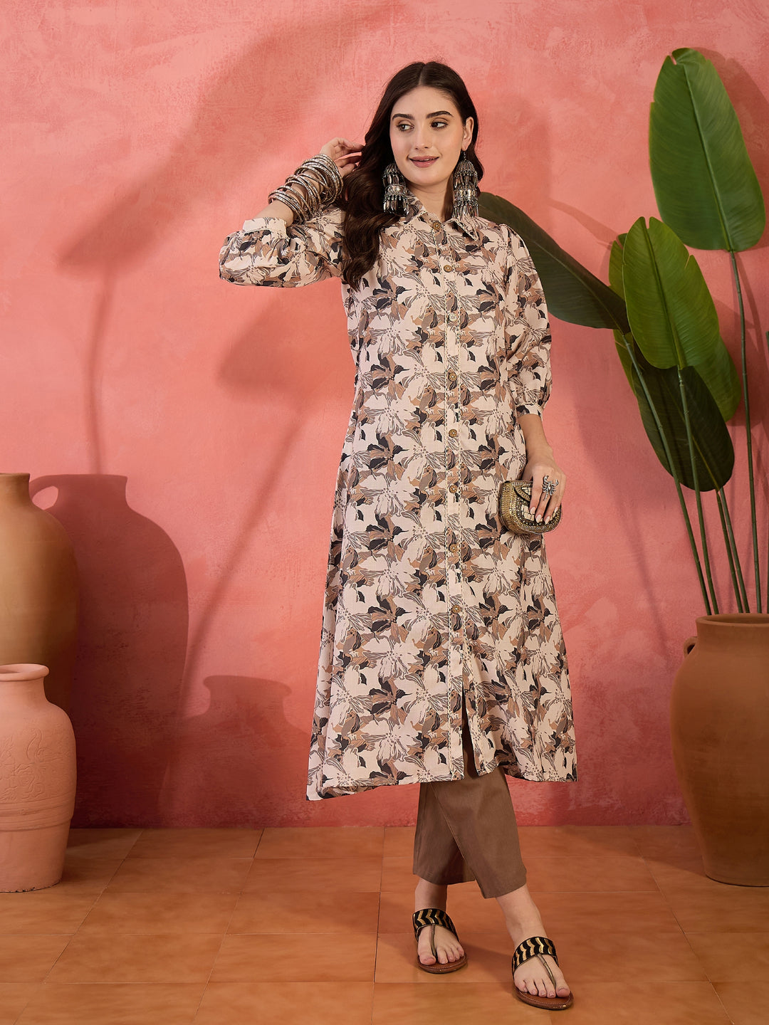 Floral Printed Cotton Blend Kurta Pant Set