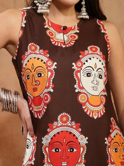 Kalamkari Face Printed Rayon A-Line Kurta Palazzo Set