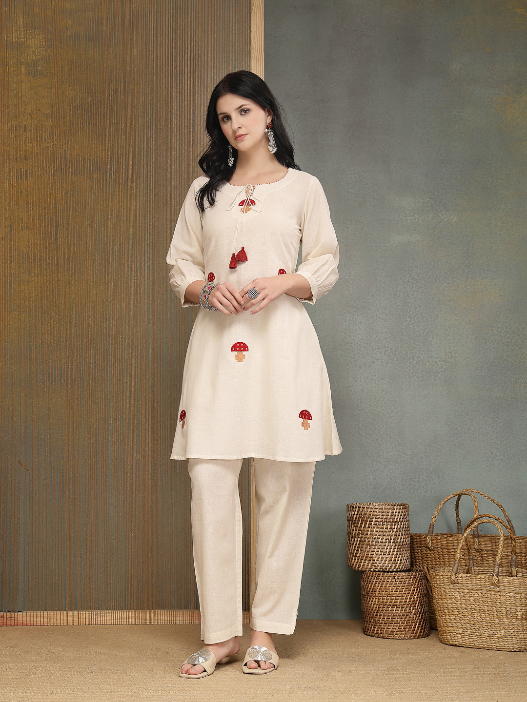 Solid &amp; Embroidered Cotton Flex A-Line Kurti Pant Set