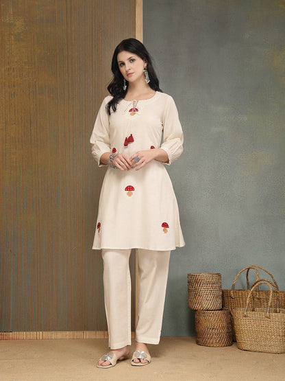 Solid & Embroidered Cotton Flex A-Line Kurti Pant Set