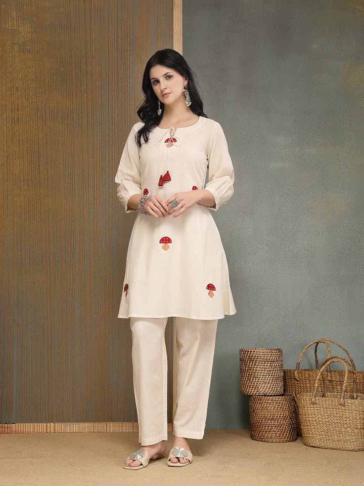 Solid &amp; Embroidered Cotton Flex A-Line Kurti Pant Set
