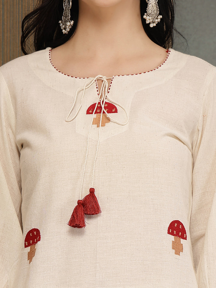 Solid &amp; Embroidered Cotton Flex A-Line Kurti Pant Set