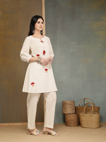 Solid & Embroidered Cotton Flex A-Line Kurti Pant Set