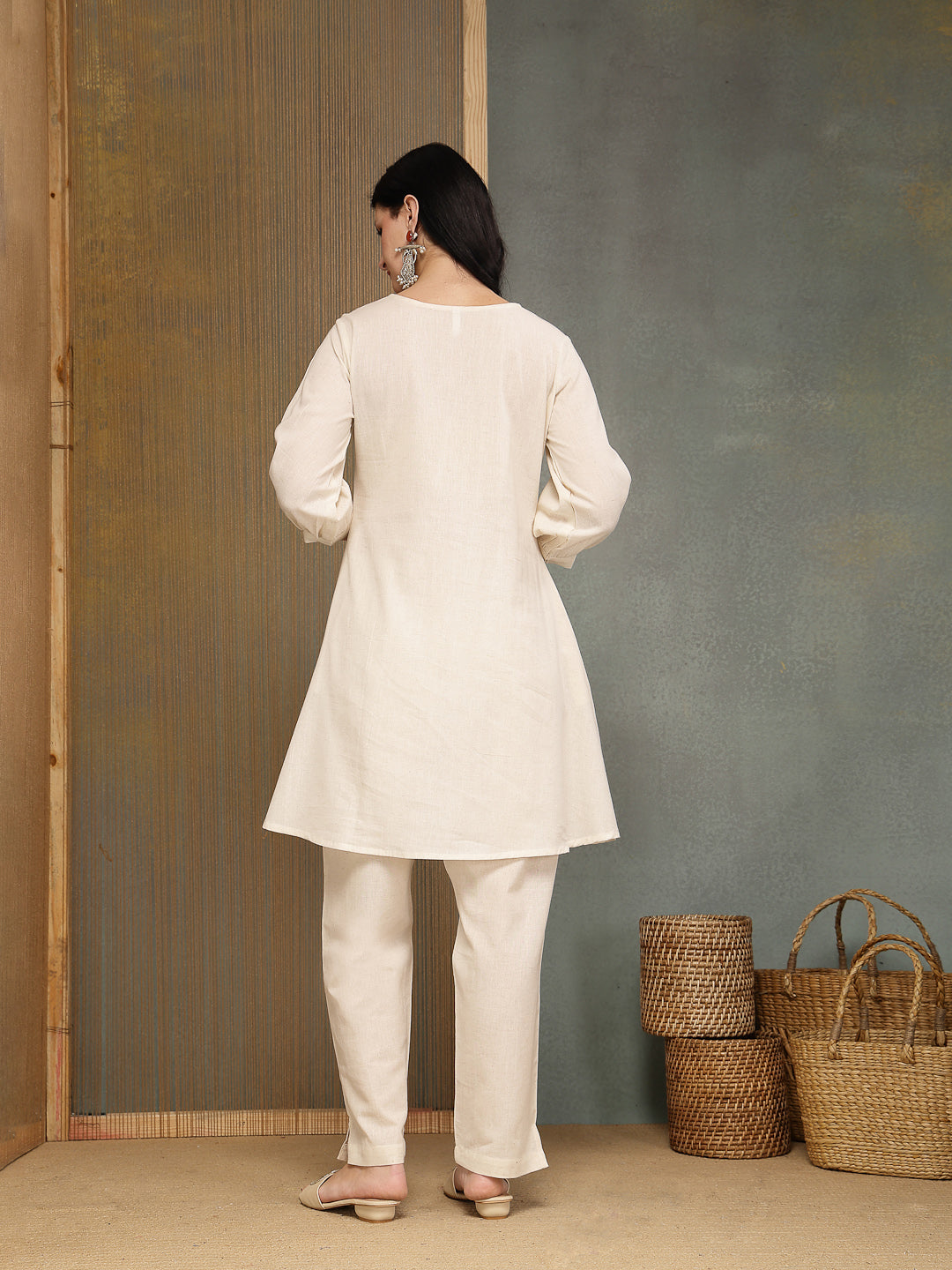 Solid &amp; Embroidered Cotton Flex A-Line Kurti Pant Set