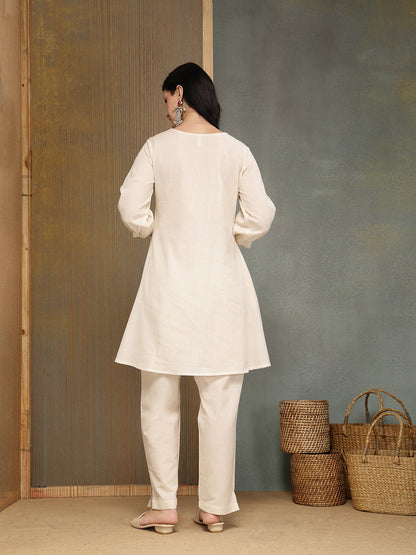 Solid & Embroidered Cotton Flex A-Line Kurti Pant Set