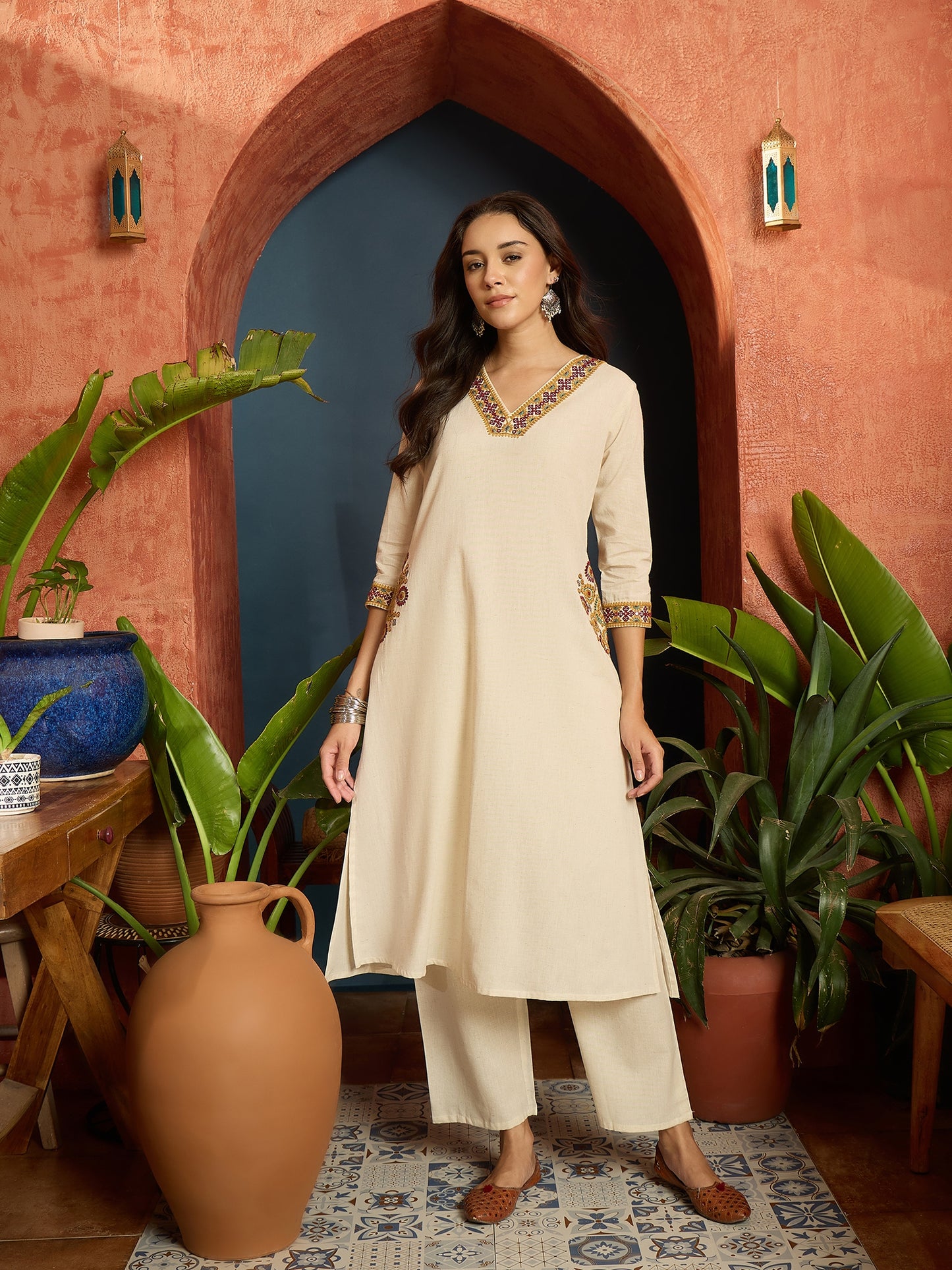 Solid & Embroidered Cotton Flex A-Line Kurta Pant Set
