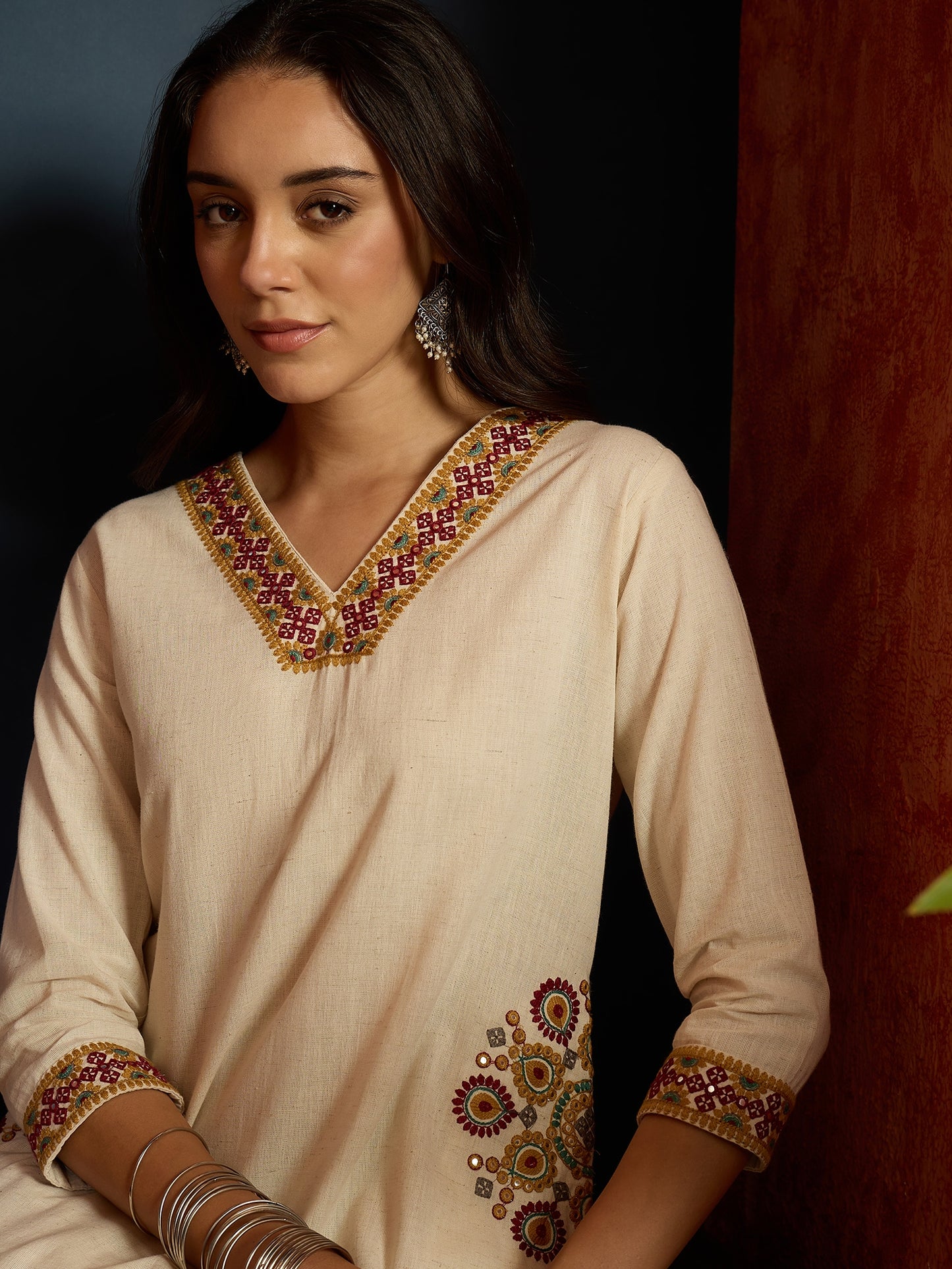 Solid & Embroidered Cotton Flex A-Line Kurta Pant Set