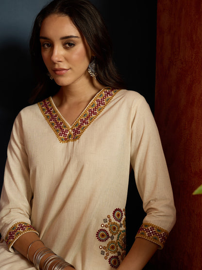 Solid & Embroidered Cotton Flex A-Line Kurta Pant Set