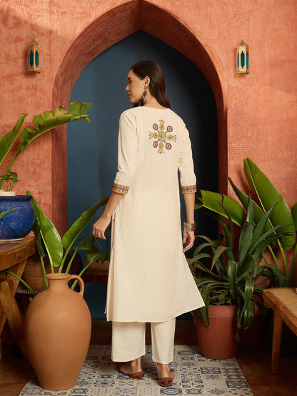 Solid & Embroidered Cotton Flex A-Line Kurta Pant Set