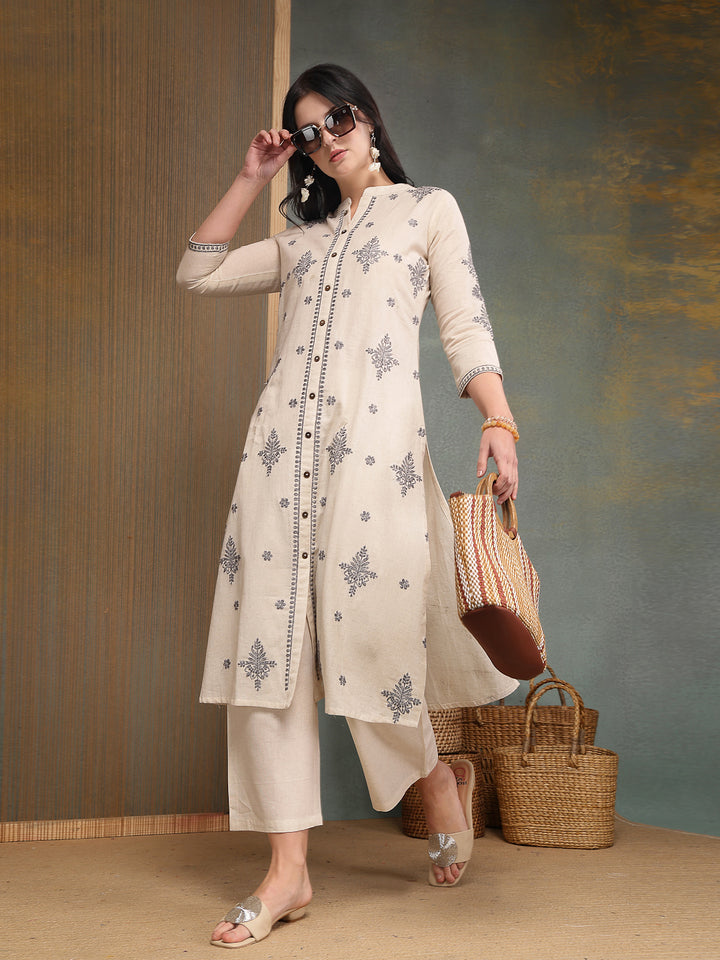 Solid &amp; Embroidered Cotton Flex A-Line Kurta Pant Set