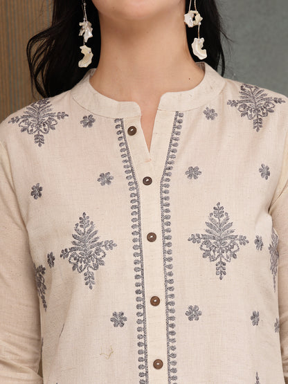 Solid & Embroidered Cotton Flex A-Line Kurta Pant Set