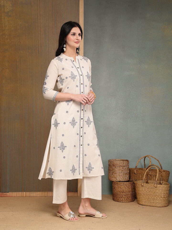 Solid &amp; Embroidered Cotton Flex A-Line Kurta Pant Set