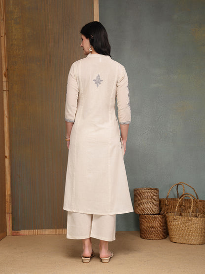 Solid & Embroidered Cotton Flex A-Line Kurta Pant Set