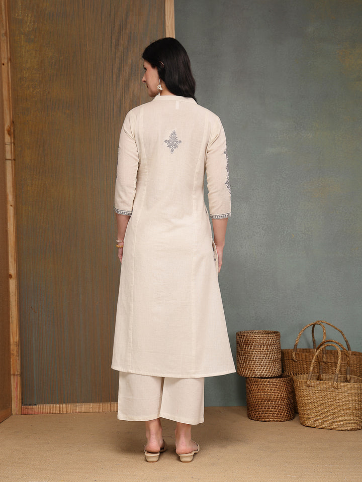 Solid &amp; Embroidered Cotton Flex A-Line Kurta Pant Set