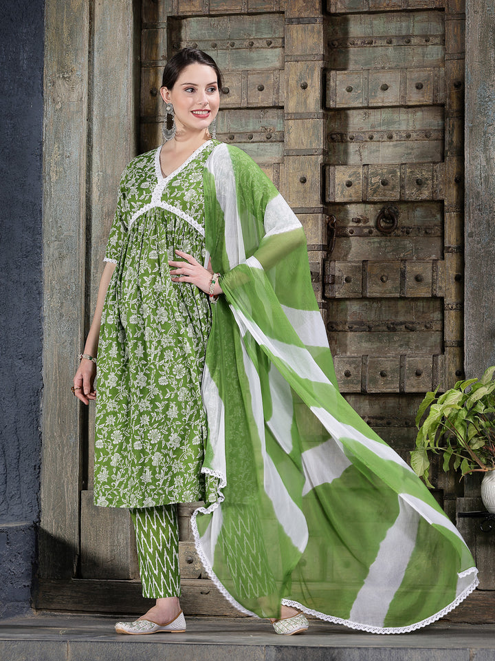Floral Printed Cotton Alia Cut Kurta Pant Dupatta Set