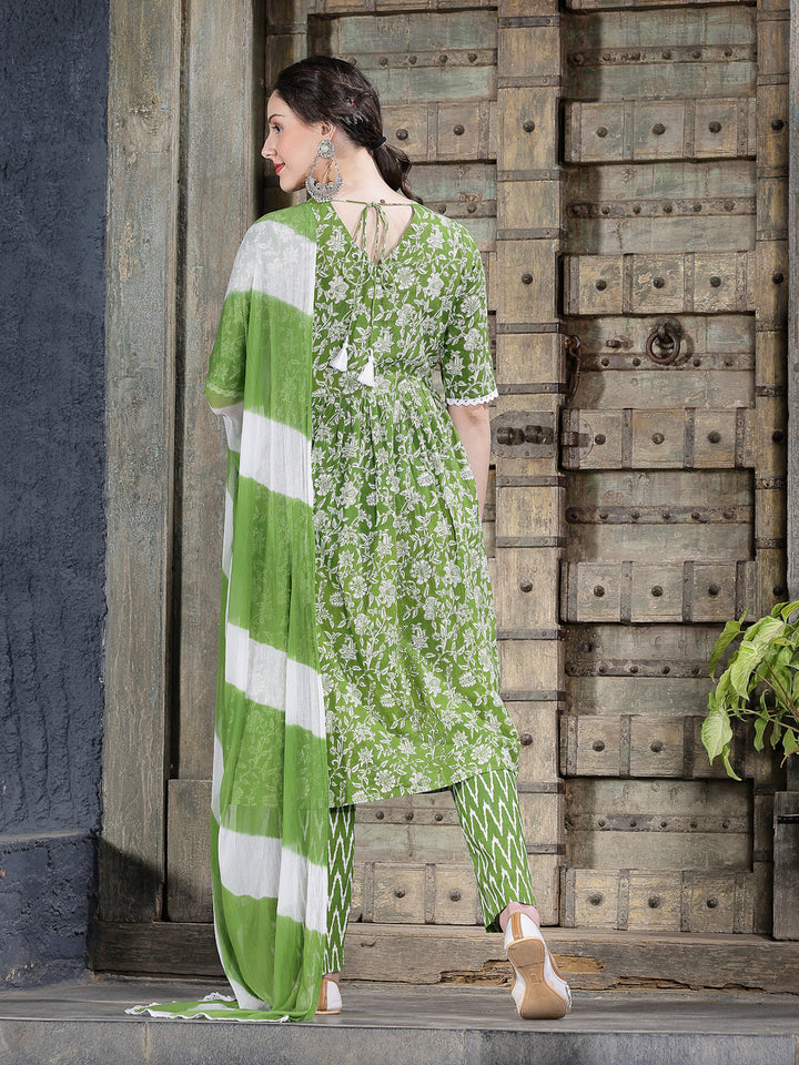 Floral Printed Cotton Alia Cut Kurta Pant Dupatta Set