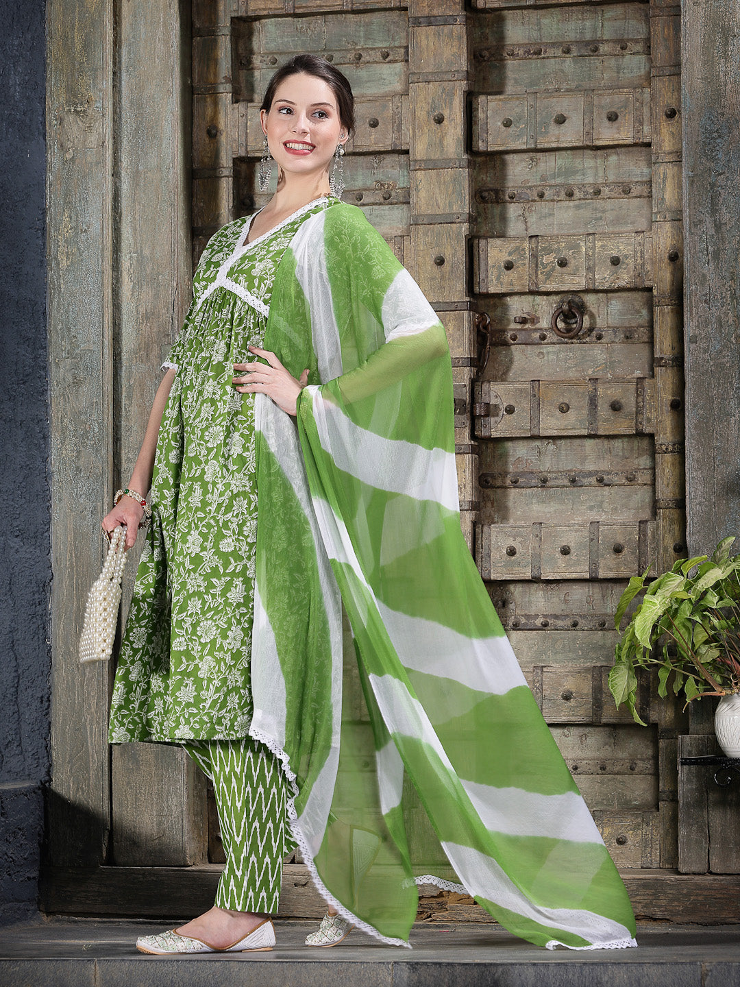 Floral Printed Cotton Alia Cut Kurta Pant Dupatta Set