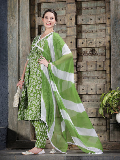 Floral Printed Cotton Alia Cut Kurta Pant Dupatta Set
