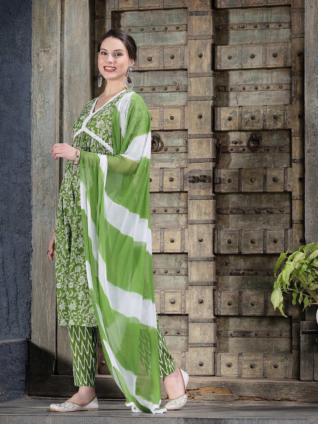 Floral Printed Cotton Alia Cut Kurta Pant Dupatta Set