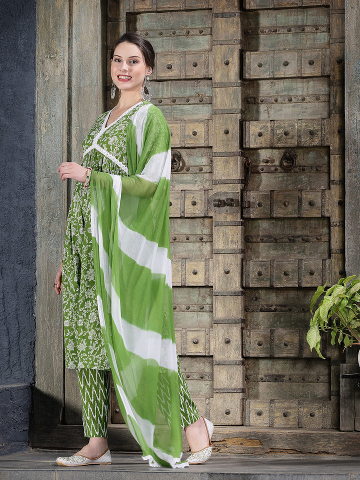 Floral Printed Cotton Alia Cut Kurta Pant Dupatta Set