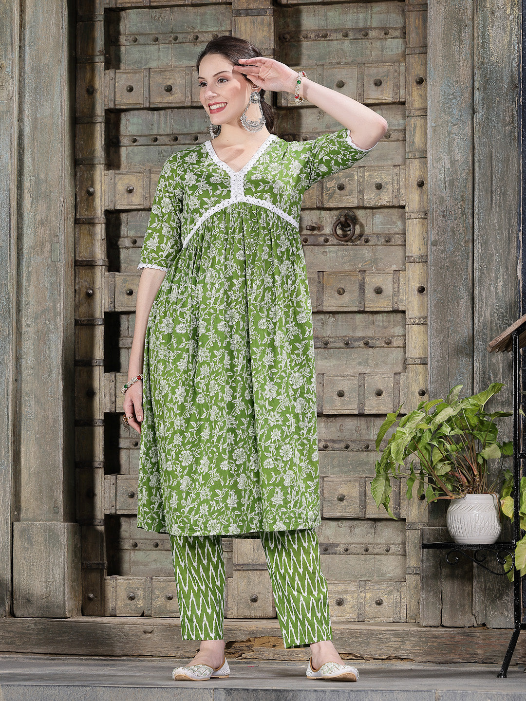 Floral Printed Cotton Alia Cut Kurta Pant Dupatta Set