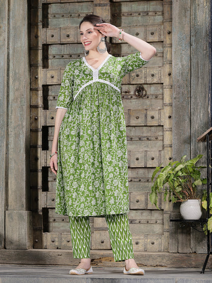 Floral Printed Cotton Alia Cut Kurta Pant Dupatta Set