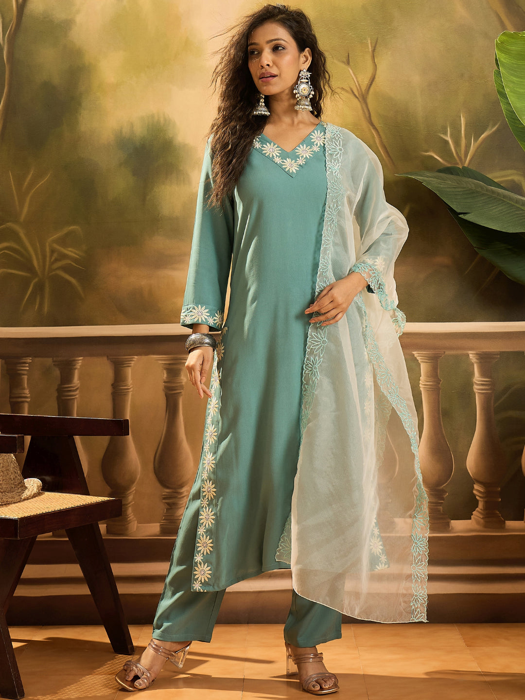 Solid &amp; Embroidered Rayon Straight Kurta Pant &amp; Dupatta Set