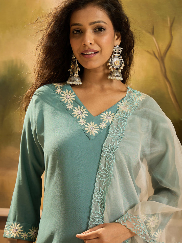 Solid &amp; Embroidered Rayon Straight Kurta Pant &amp; Dupatta Set