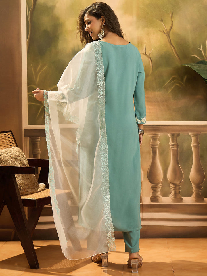 Solid &amp; Embroidered Rayon Straight Kurta Pant &amp; Dupatta Set