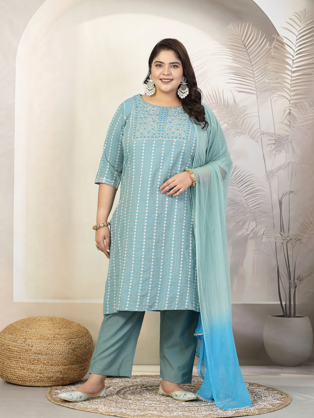 Plus Size Women Woven Design & Embroidered Cotton Blend Straight Kurta With Pant & Dupatta (Pre-Order)