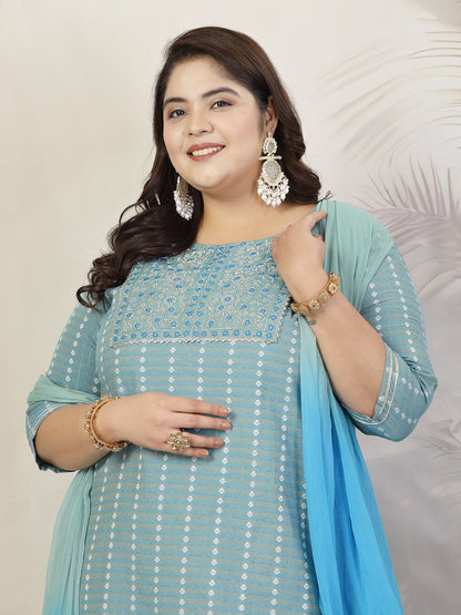 Plus Size Women Woven Design & Embroidered Cotton Blend Straight Kurta With Pant & Dupatta