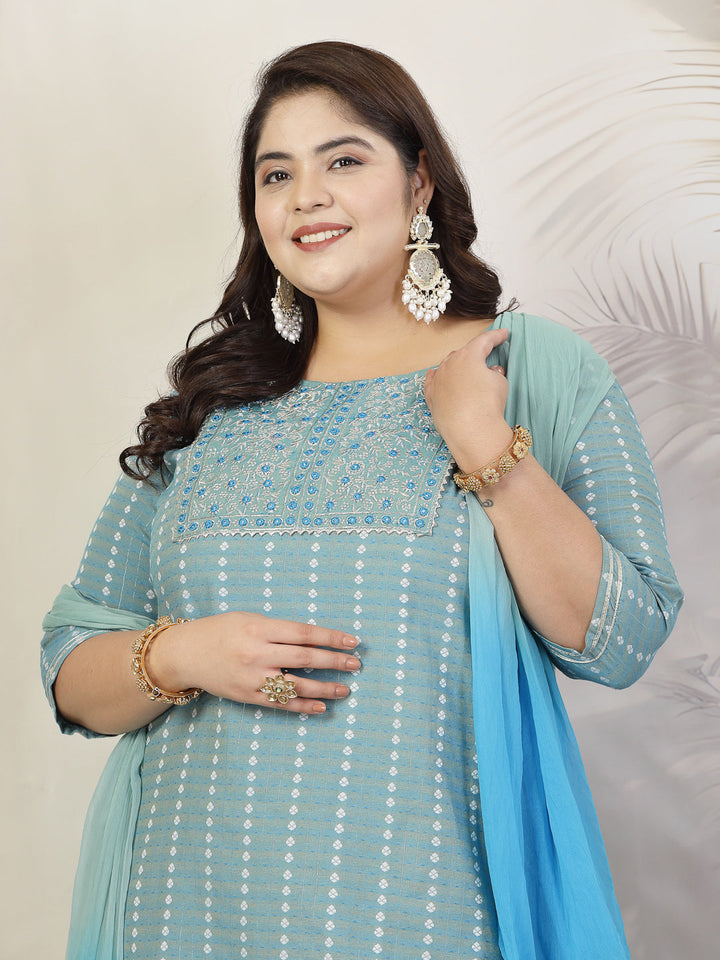 Plus Size Women Woven Design &amp; Embroidered Cotton Blend Straight Kurta With Pant &amp; Dupatta
