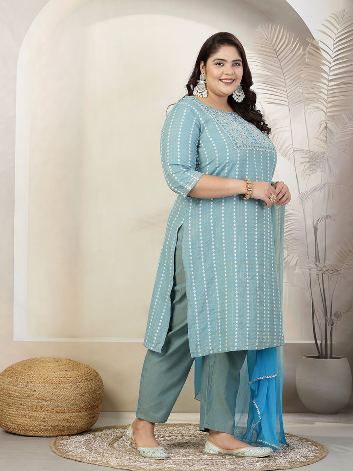 Plus Size Women Woven Design &amp; Embroidered Cotton Blend Straight Kurta With Pant &amp; Dupatta