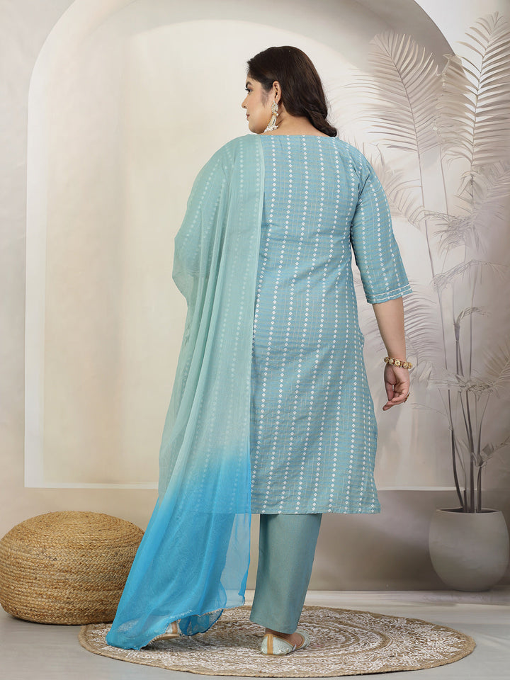 Plus Size Women Woven Design &amp; Embroidered Cotton Blend Straight Kurta With Pant &amp; Dupatta