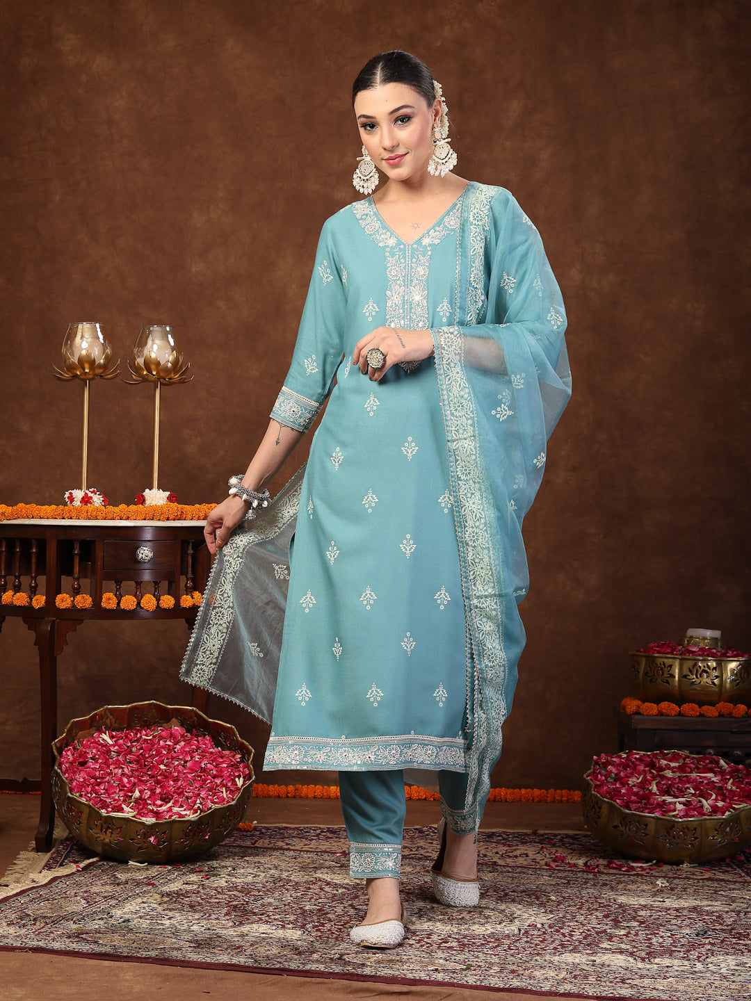 Aqua Ethnic Motif Printed & Embroidered Rayon Straight Kurta Pant Dupatta Set (Pre-Order)