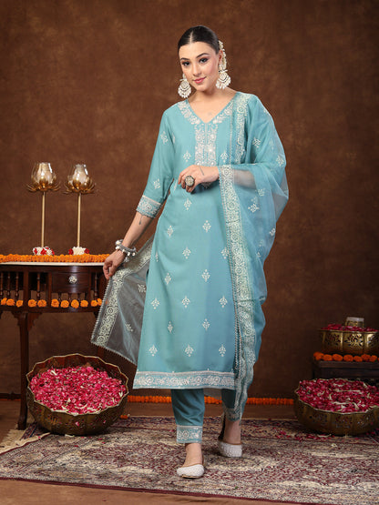 Aqua Ethnic Motif Printed & Embroidered Rayon Straight Kurta Pant Dupatta Set (Pre-Order)
