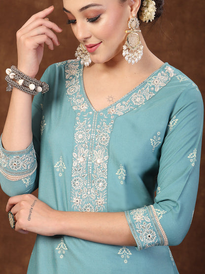 Aqua Ethnic Motif Printed & Embroidered Rayon Straight Kurta Pant Dupatta Set