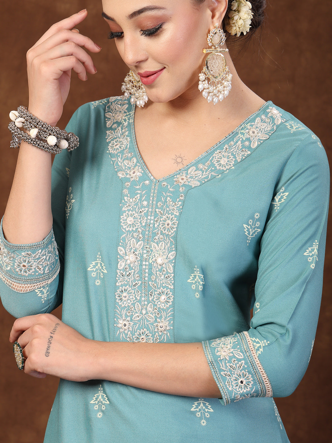 Aqua Ethnic Motif Printed & Embroidered Rayon Straight Kurta Pant Dupatta Set (Pre-Order)