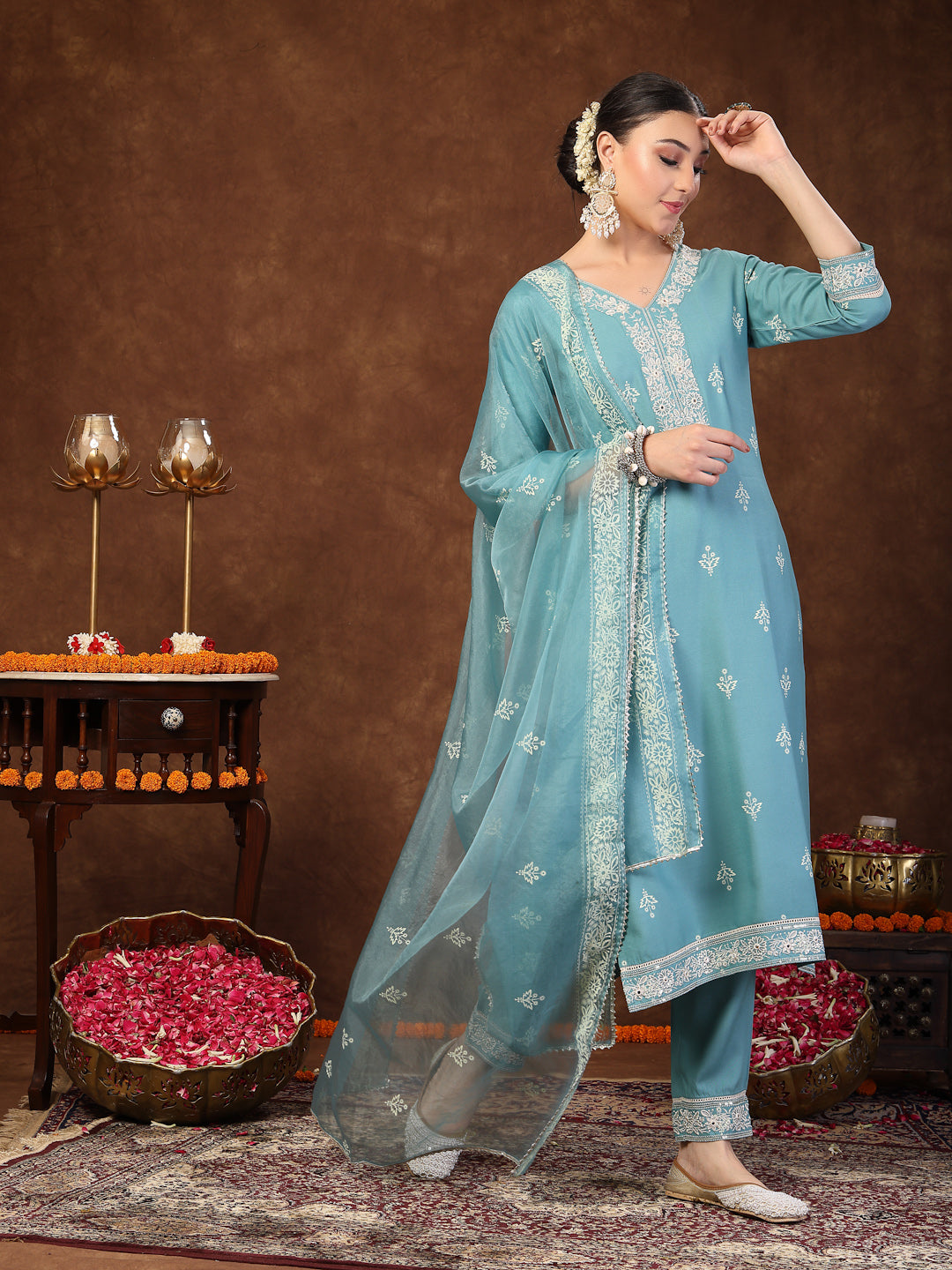 Aqua Ethnic Motif Printed & Embroidered Rayon Straight Kurta Pant Dupatta Set (Pre-Order)