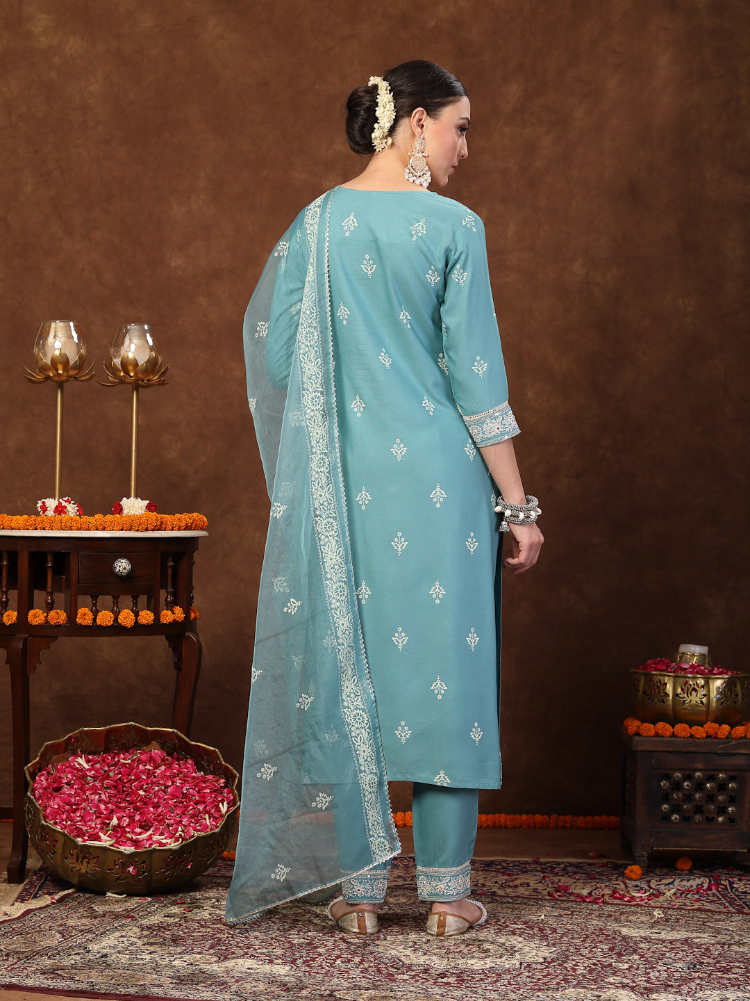 Aqua Ethnic Motif Printed & Embroidered Rayon Straight Kurta Pant Dupatta Set (Pre-Order)