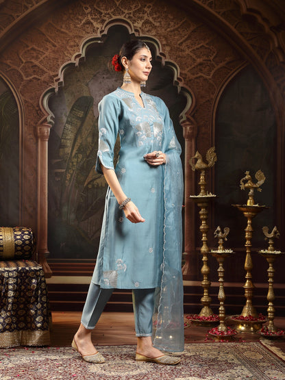 Aqua Solid & Embroidered Silk Blend Straight Kurta Pant Dupatta Set (Pre-Order)