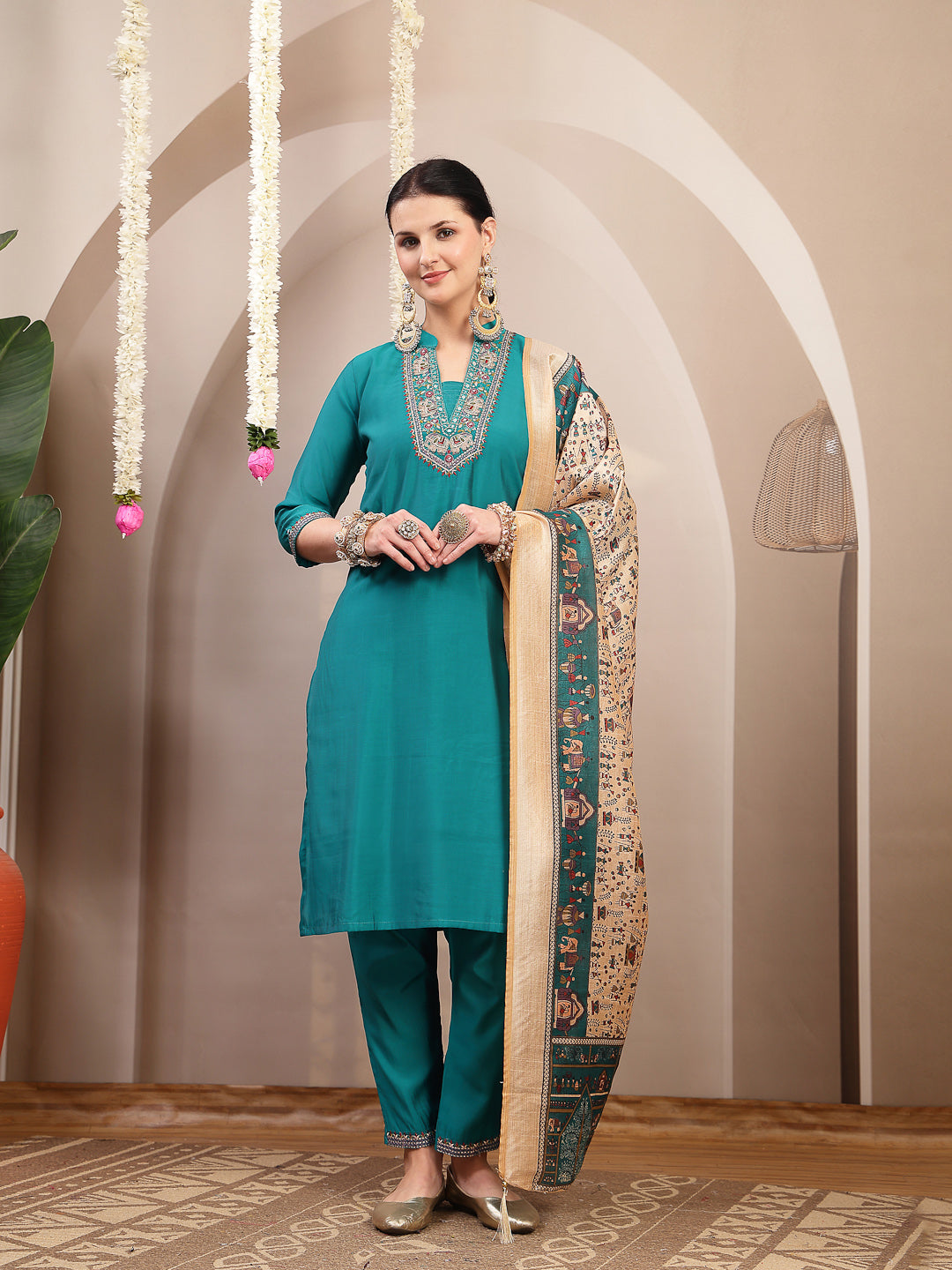 Solid & Embroidered Santoon Straight Kurta Pant Dupatta Set
